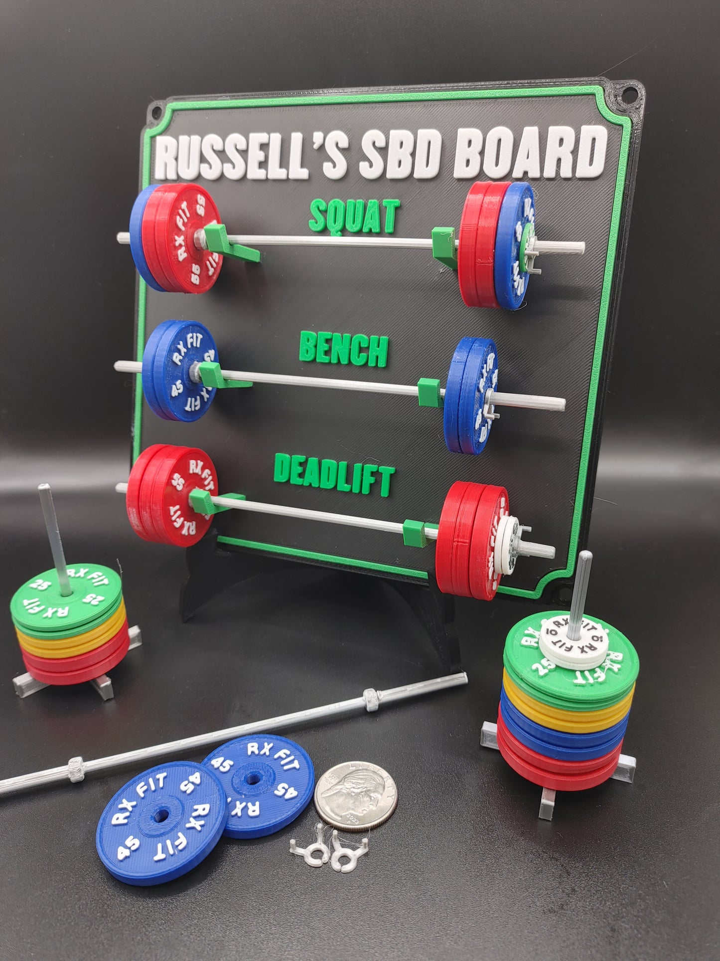 Weightlifting personal tracking board, 3 lifts, 1,000lbs or 470kg of weight, show off your work with miniature barbells for your home gym