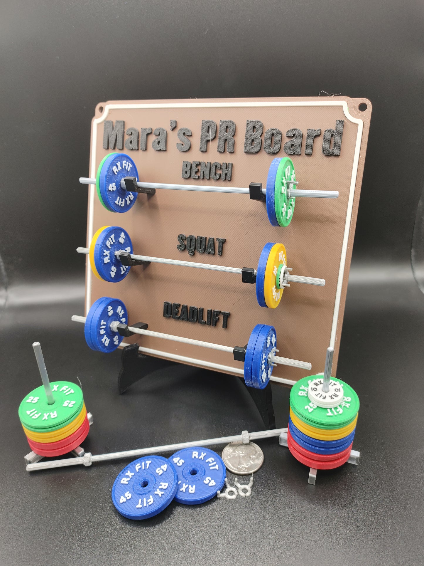 Weightlifting personal tracking board, 3 lifts, 1,000lbs or 470kg of weight, show off your work with miniature barbells for your home gym