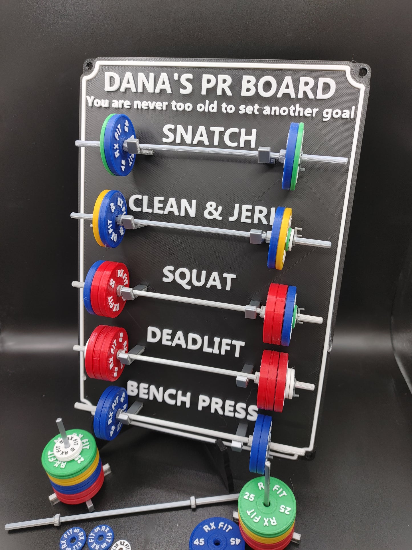 Weightlifting personal tracking board, 5 lifts, show off your work with miniature barbells for your home gym