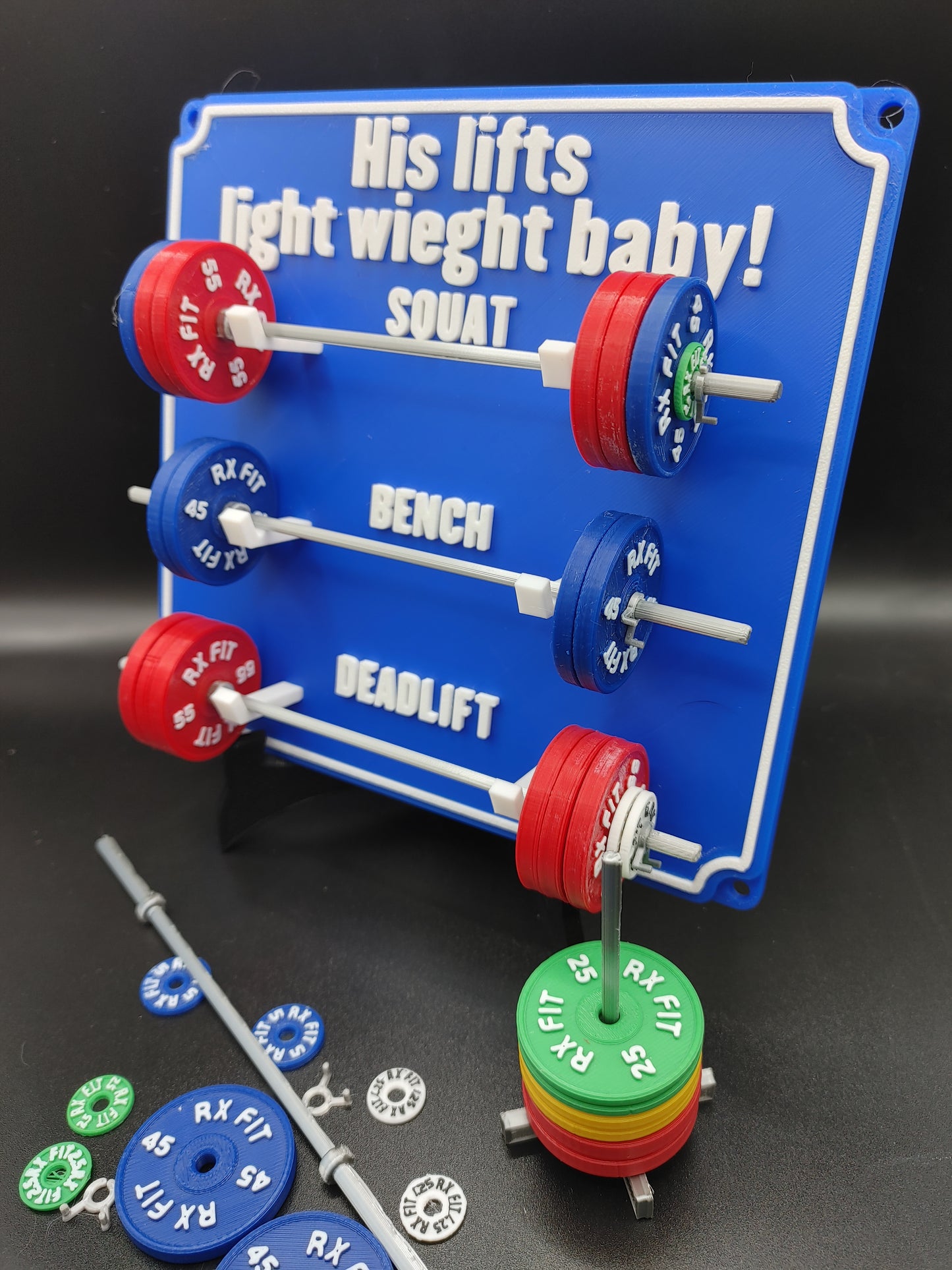 Weightlifting personal tracking board, 3 lifts, 1,000lbs or 470kg of weight, show off your work with miniature barbells for your home gym