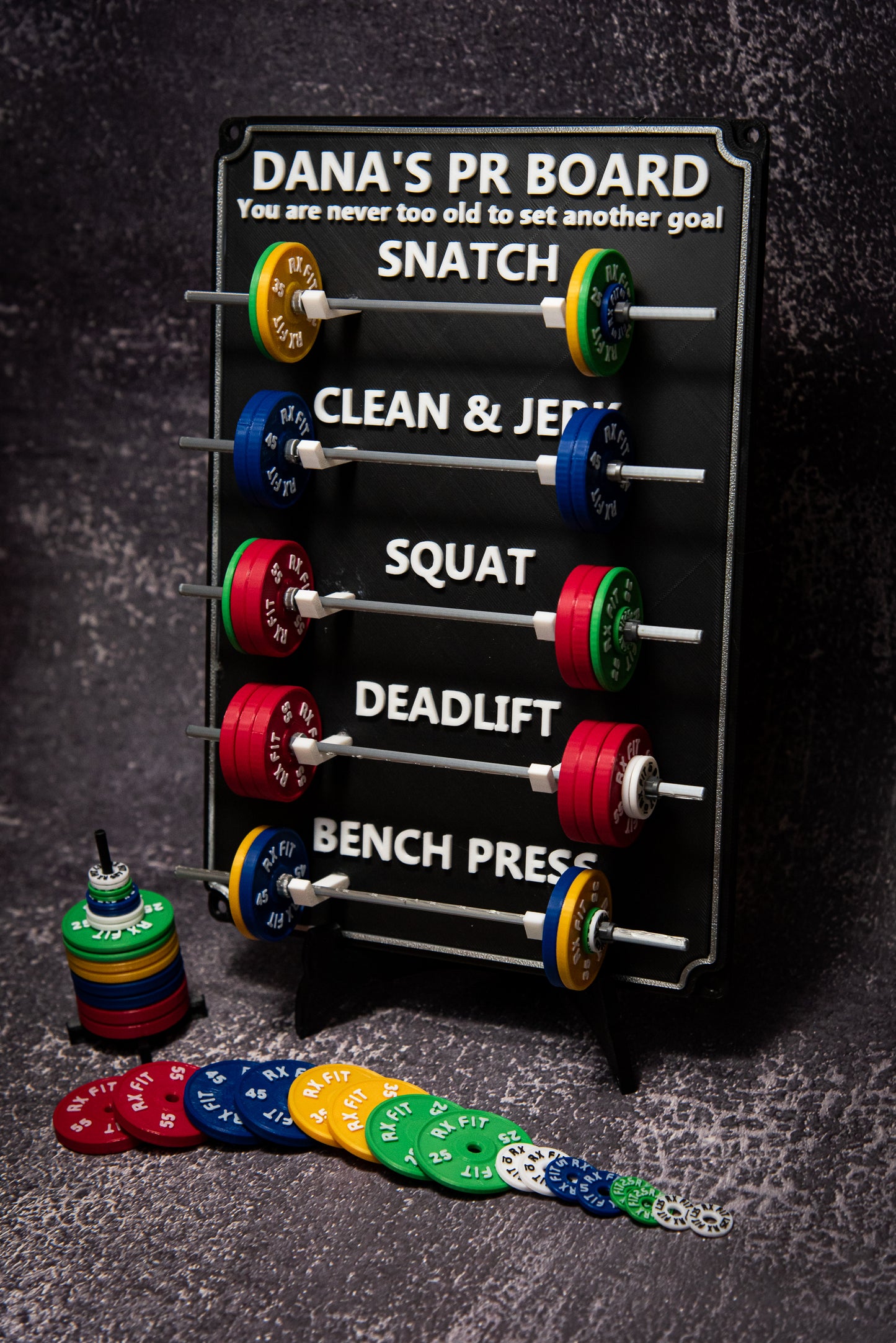 Weightlifting personal tracking board, 5 lifts, show off your work with miniature barbells for your home gym