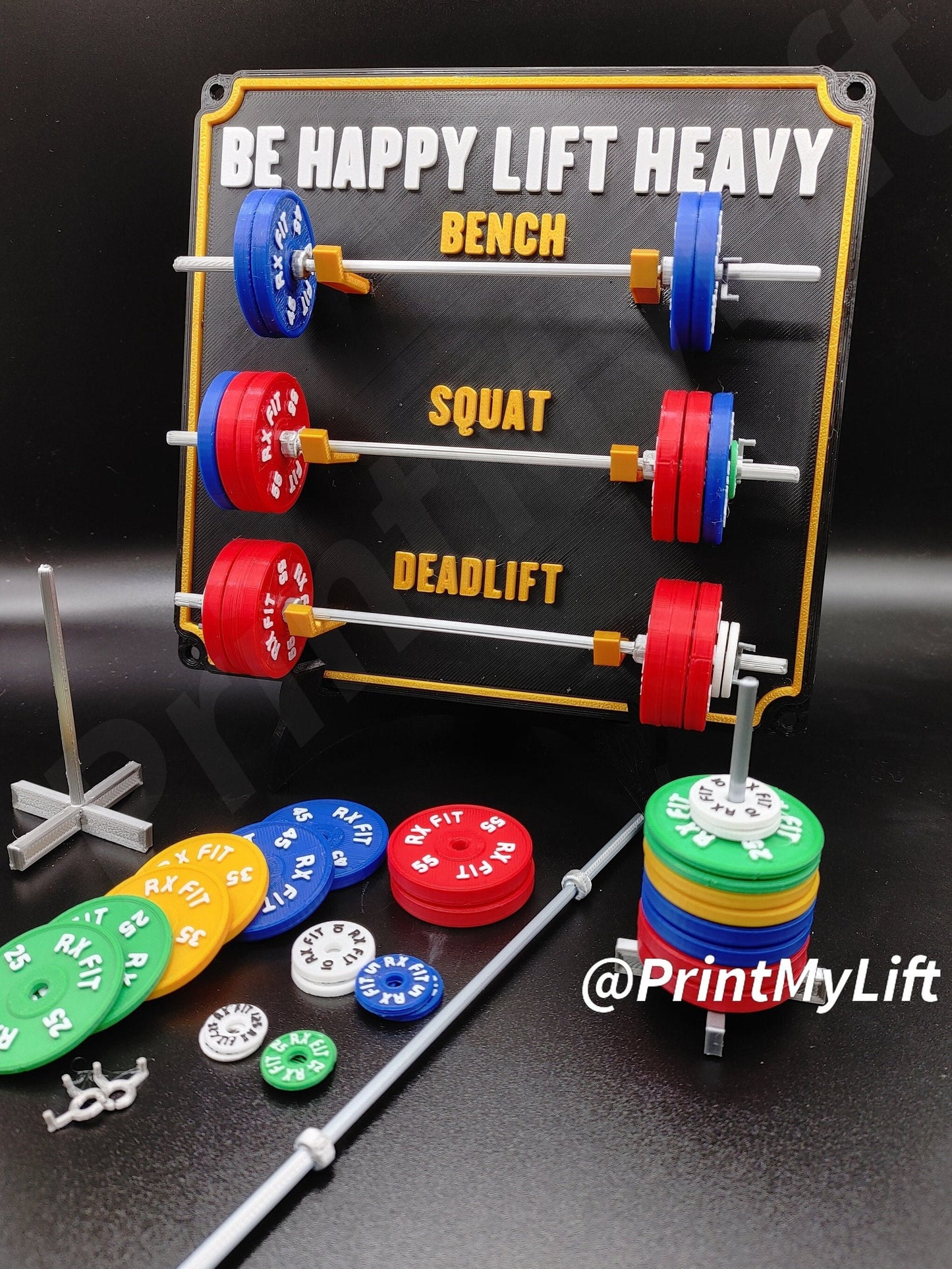 Weightlifting personal tracking board, 3 lifts, 1,000lbs or 470kg of weight, show off your work with miniature barbells for your home gym