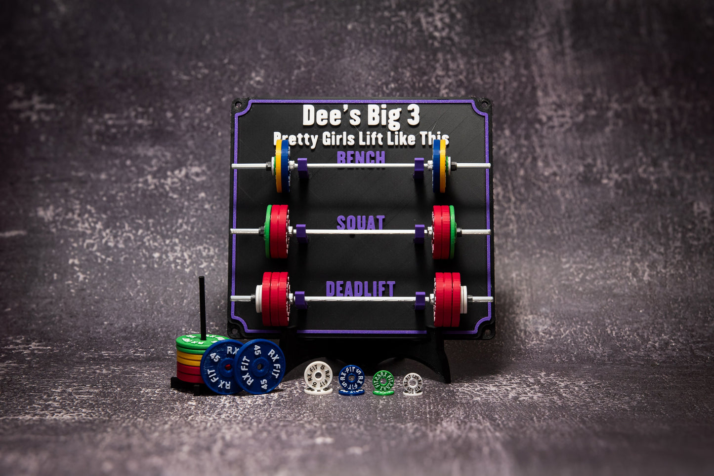 Weightlifting personal tracking board, 3 lifts, 1,000lbs or 470kg of weight, show off your work with miniature barbells for your home gym