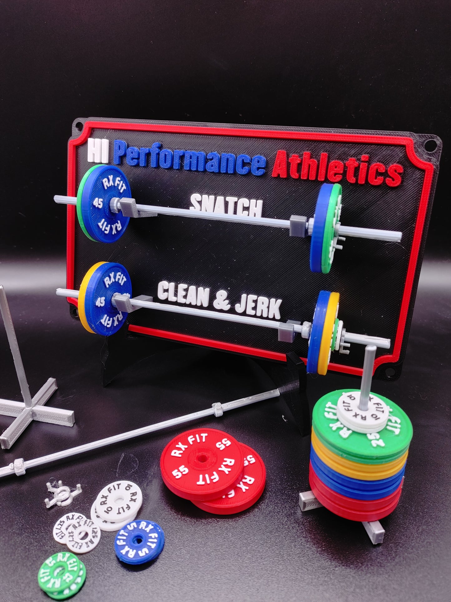 Weightlifting personal tracking board, 2 lifts, show off your work with miniature barbells for your home gym