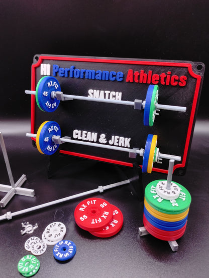 Weightlifting personal tracking board, 2 lifts, show off your work with miniature barbells for your home gym