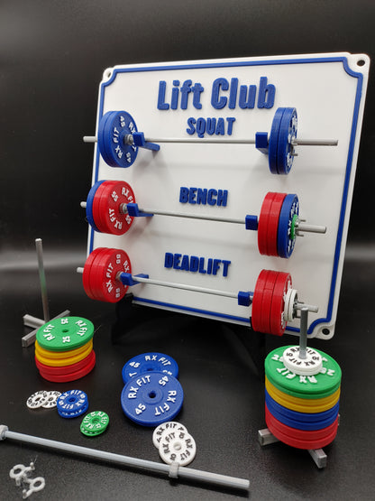 Weightlifting personal tracking board, 3 lifts, 1,000lbs or  470kg of weight, show off your work with miniature barbells for your home gym