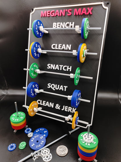 Weightlifting personal tracking board, 5 lifts, show off your work with miniature barbells for your home gym