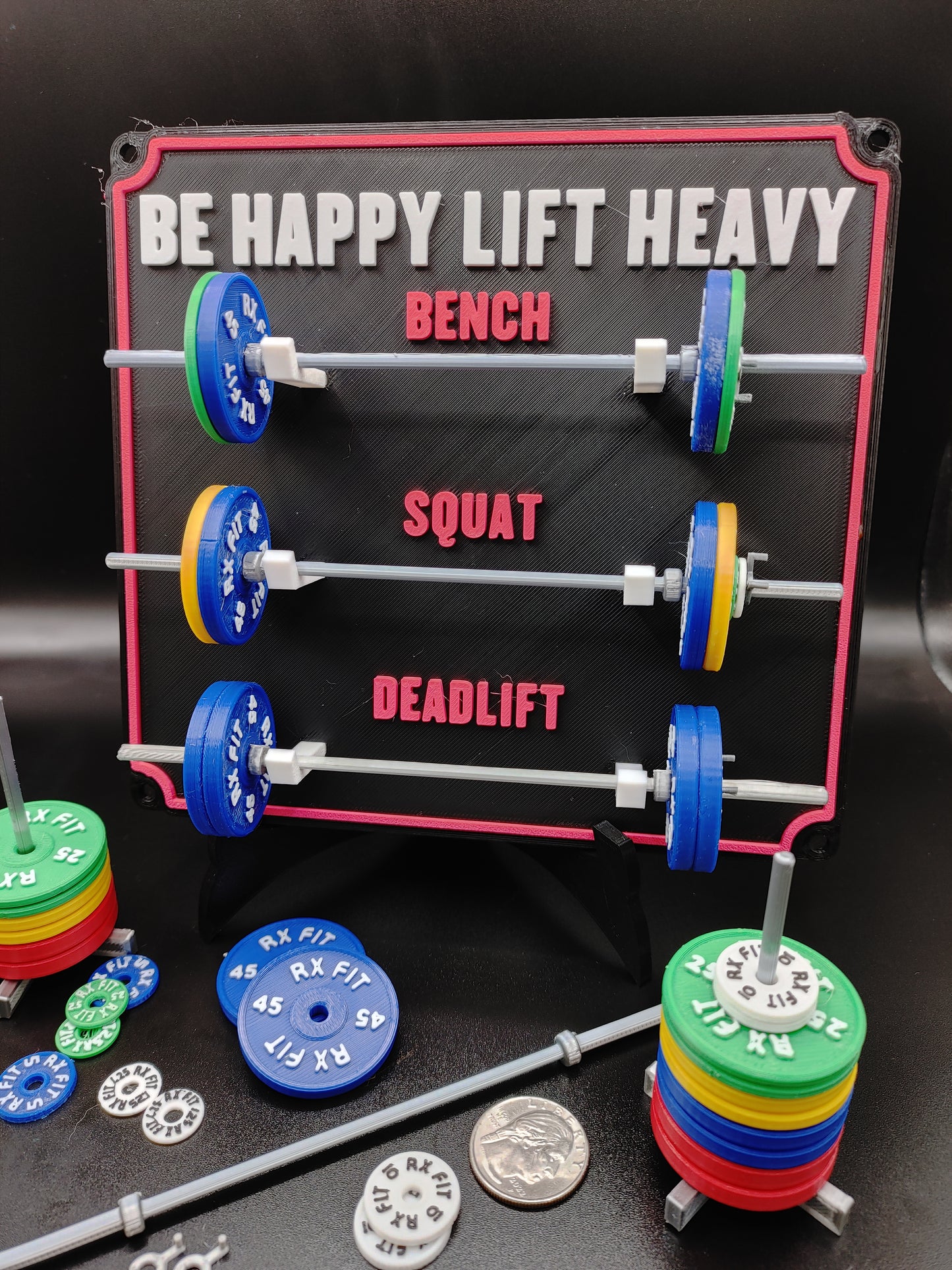 Weightlifting personal tracking board, 3 lifts, 1,000lbs or  470kg of weight, show off your work with miniature barbells for your home gym