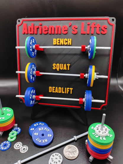 Weightlifting personal tracking board, 3 lifts, 1,000lbs or  470kg of weight, show off your work with miniature barbells for your home gym