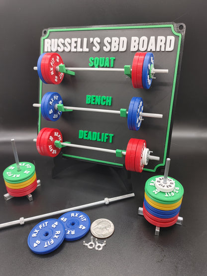 Weightlifting personal tracking board, 3 lifts, 1,000lbs or  470kg of weight, show off your work with miniature barbells for your home gym