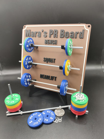 Weightlifting personal tracking board, 3 lifts, 1,000lbs or  470kg of weight, show off your work with miniature barbells for your home gym