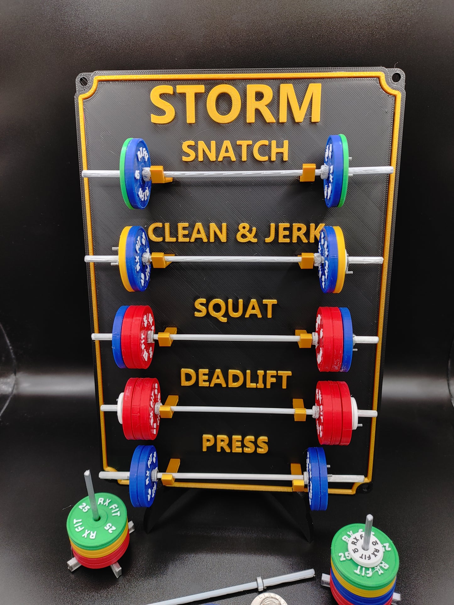 Weightlifting personal tracking board, 5 lifts, show off your work with miniature barbells for your home gym