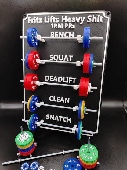 Weightlifting personal tracking board, 5 lifts, show off your work with miniature barbells for your home gym