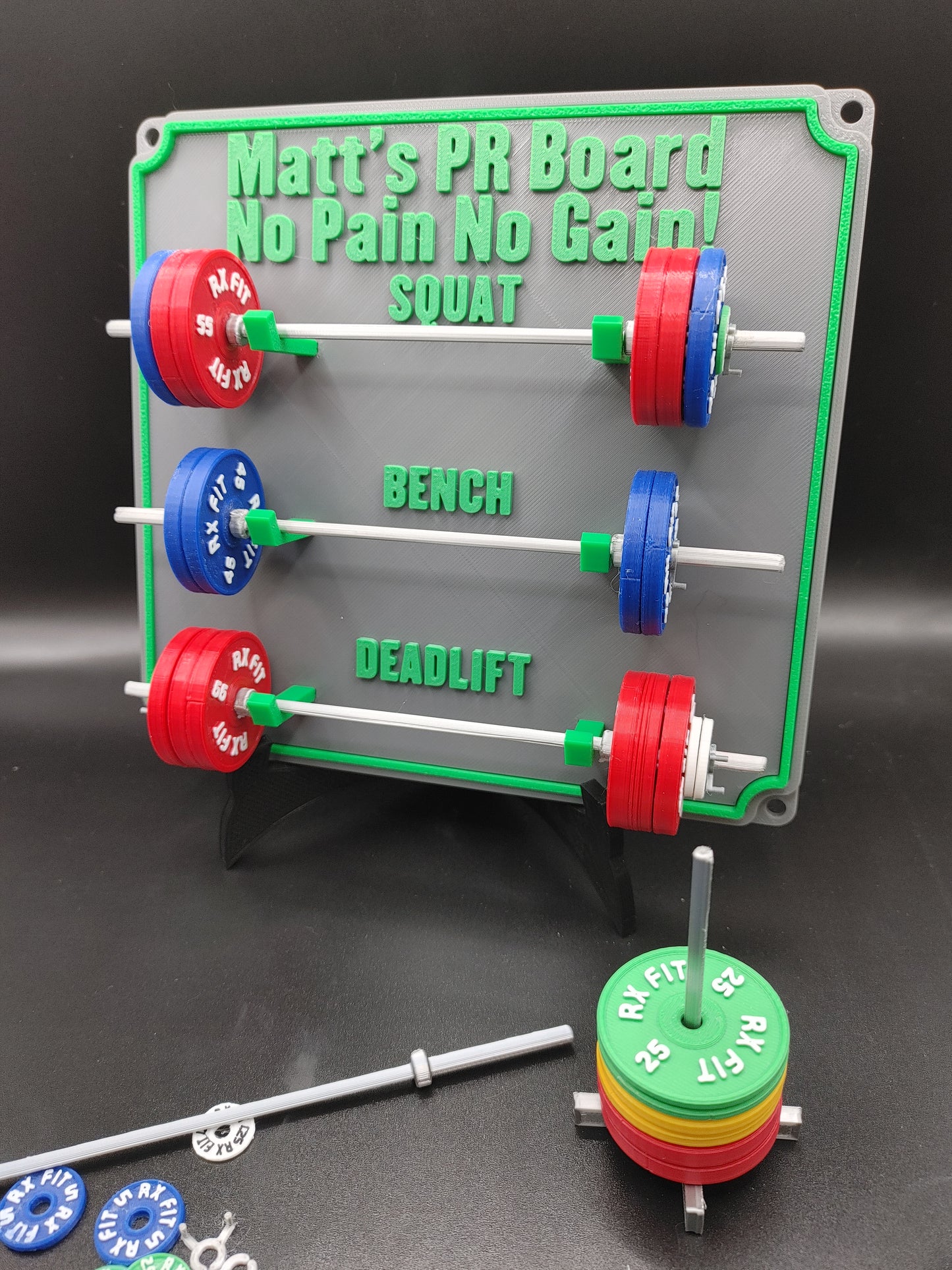 Weightlifting personal tracking board, 3 lifts, 1,000lbs or  470kg of weight, show off your work with miniature barbells for your home gym