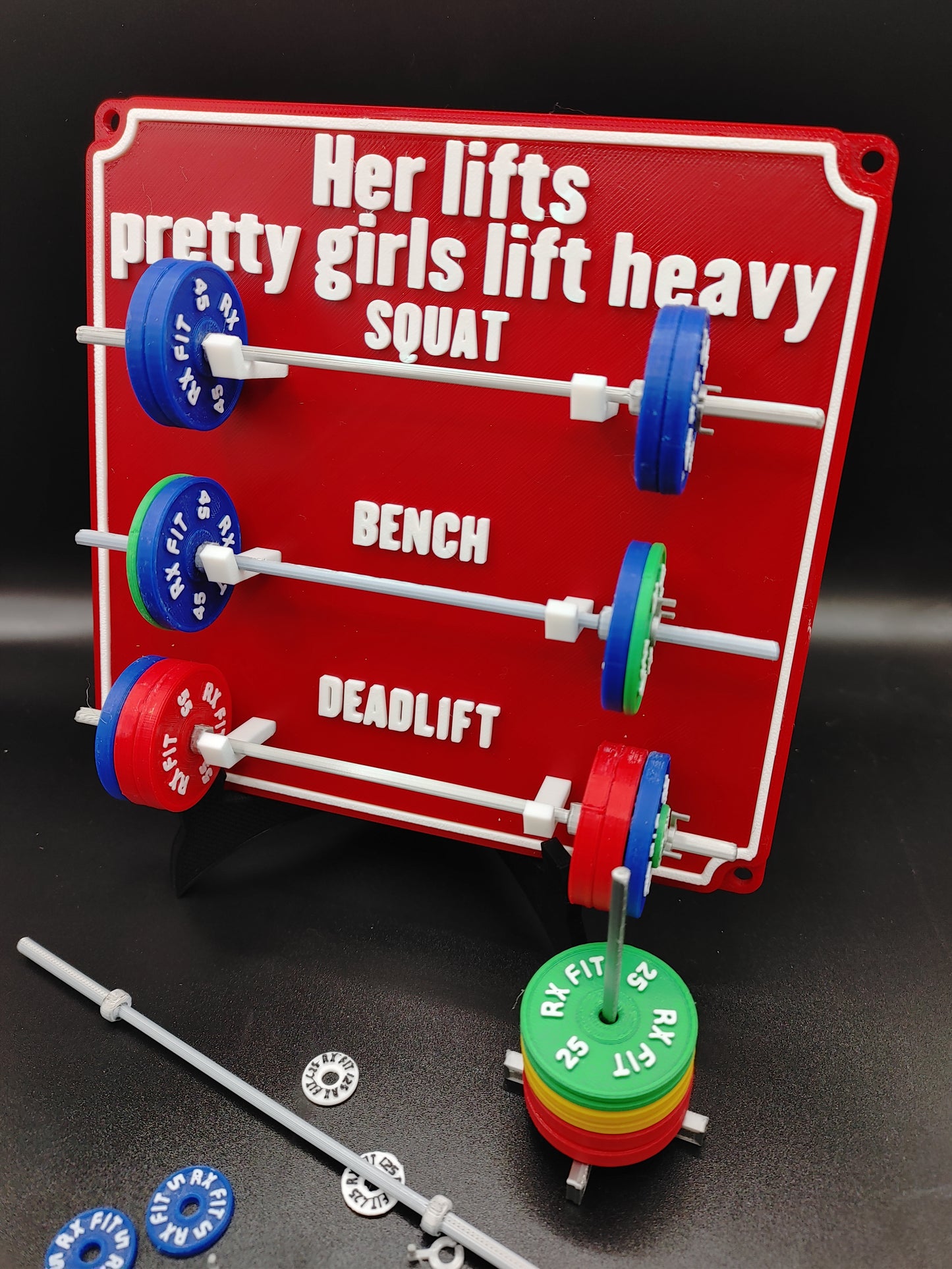 Weightlifting personal tracking board, 3 lifts, 1,000lbs or  470kg of weight, show off your work with miniature barbells for your home gym