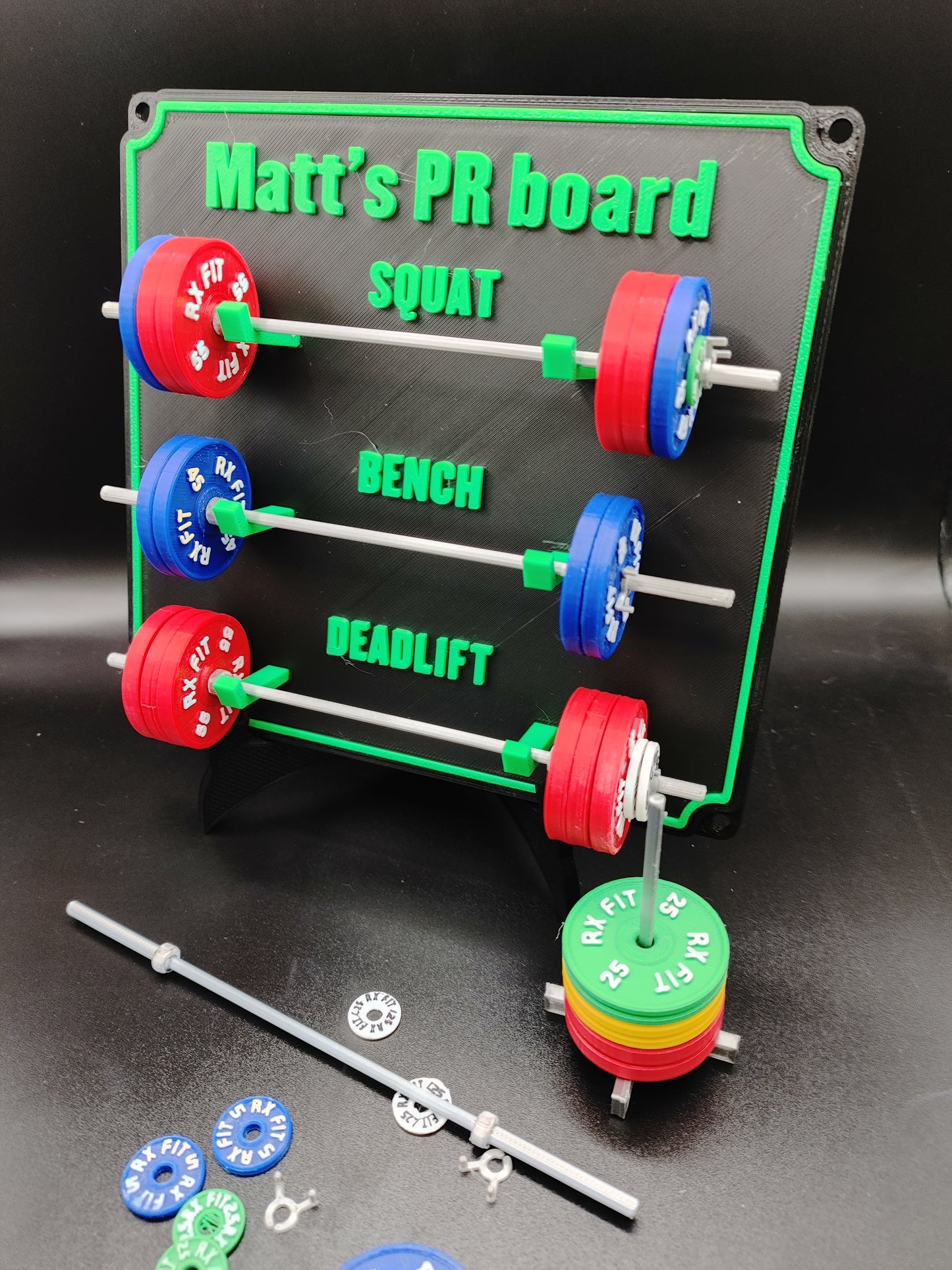 Weightlifting personal tracking board, 3 lifts, 1,000lbs or  470kg of weight, show off your work with miniature barbells for your home gym