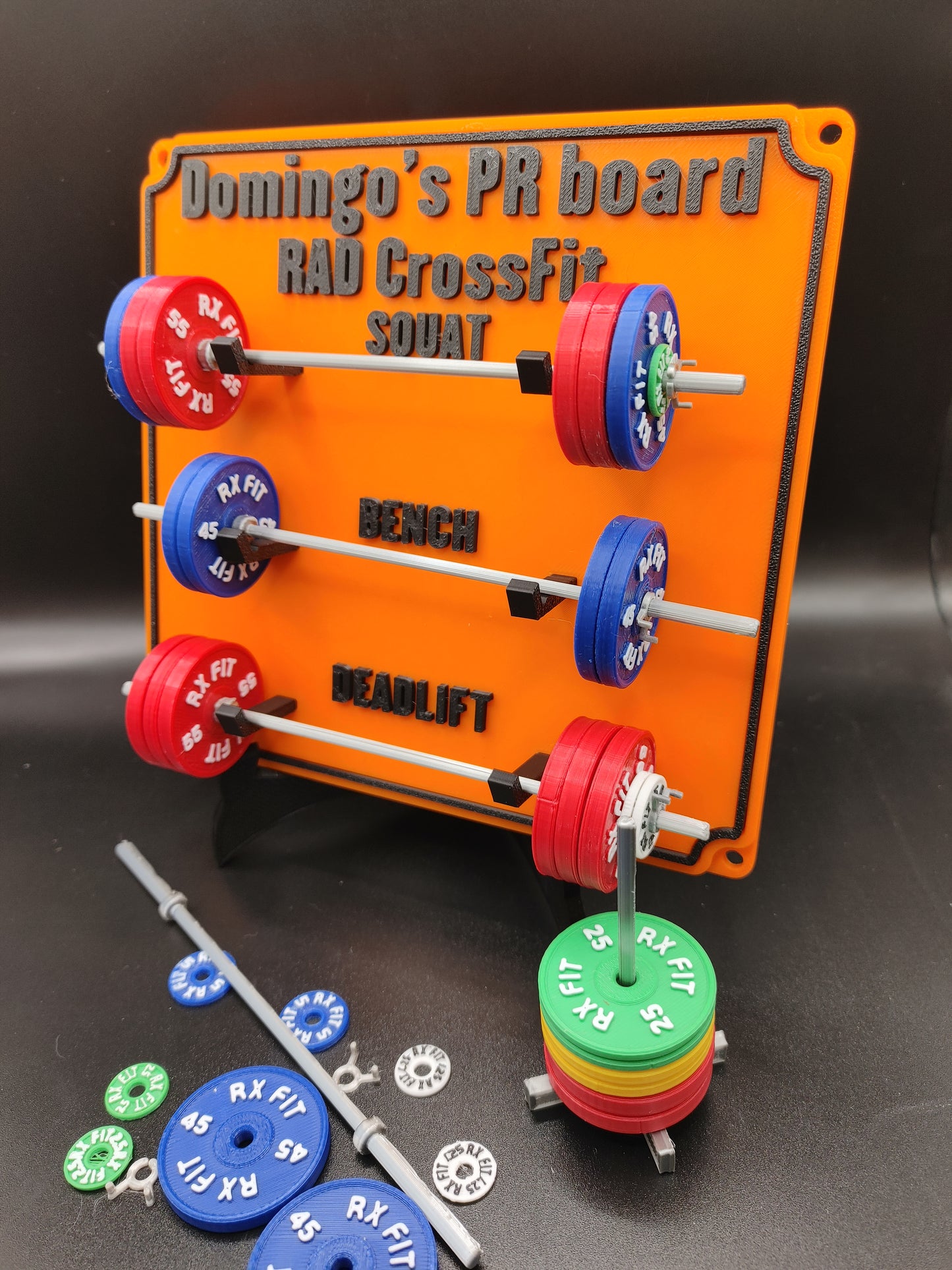 Weightlifting personal tracking board, 3 lifts, 1,000lbs or  470kg of weight, show off your work with miniature barbells for your home gym