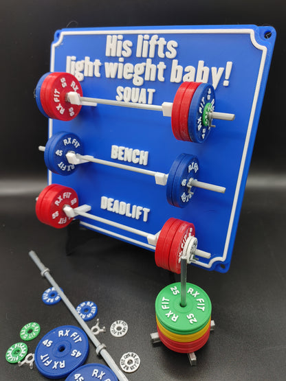 Weightlifting personal tracking board, 3 lifts, 1,000lbs or  470kg of weight, show off your work with miniature barbells for your home gym