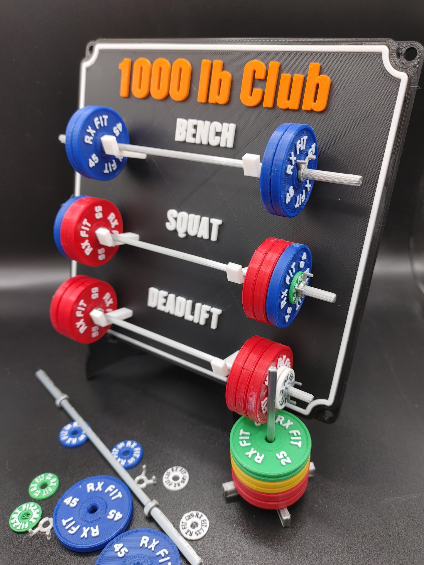 Weightlifting personal tracking board, 3 lifts, 1,000lbs or  470kg of weight, show off your work with miniature barbells for your home gym