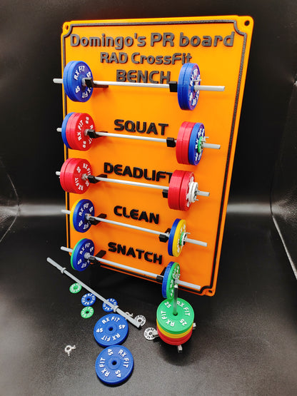 Weightlifting personal tracking board, 5 lifts, show off your work with miniature barbells for your home gym