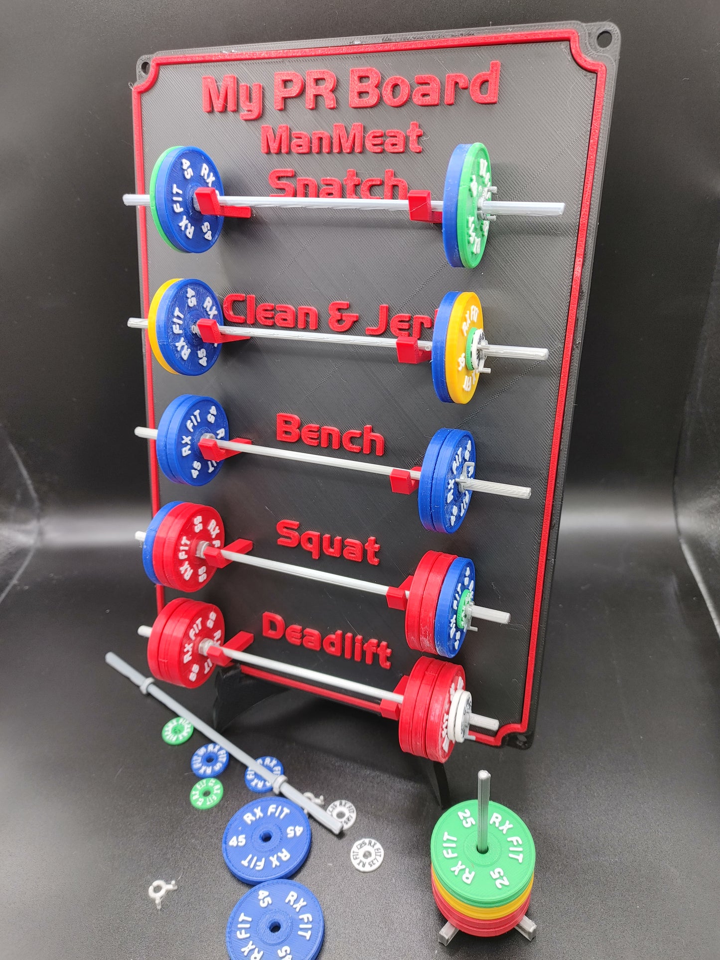 Weightlifting personal tracking board, 5 lifts, show off your work with miniature barbells for your home gym