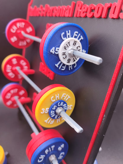 Weightlifting personal tracking board, 3 lifts, 1,000lbs or  470kg of weight, show off your work with miniature barbells for your home gym