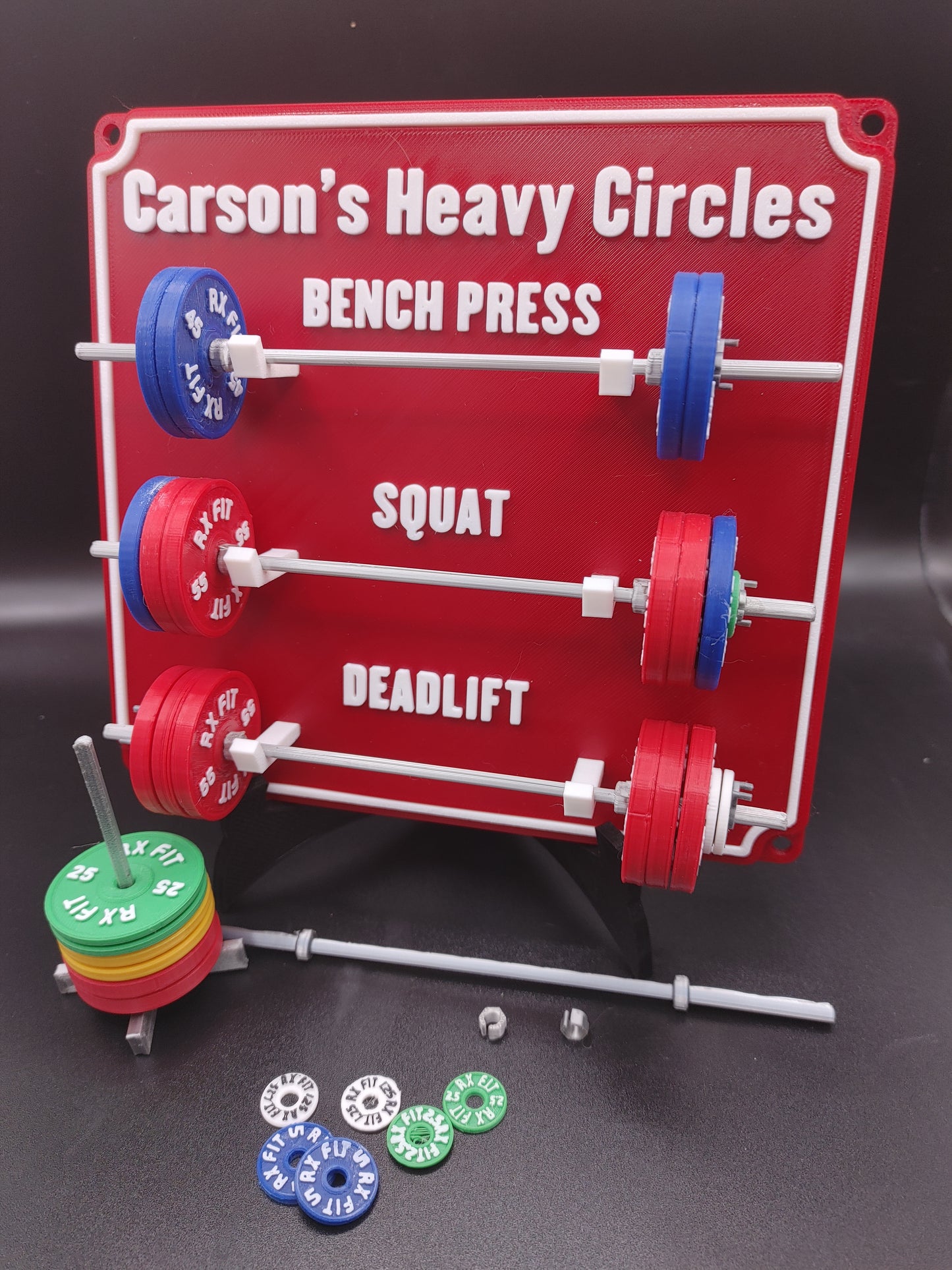 Weightlifting personal tracking board, 3 lifts, 1,000lbs or  470kg of weight, show off your work with miniature barbells for your home gym