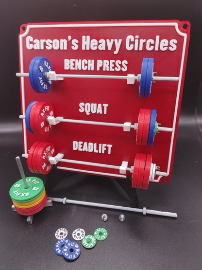 Weightlifting personal tracking board, 3 lifts, 1,000lbs or  470kg of weight, show off your work with miniature barbells for your home gym