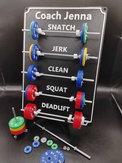 Weightlifting personal tracking board, 5 lifts, show off your work with miniature barbells for your home gym