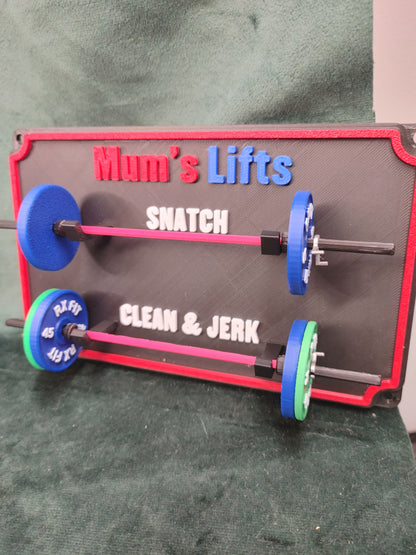 Weightlifting personal tracking board, 2 lifts, show off your work with miniature barbells for your home gym