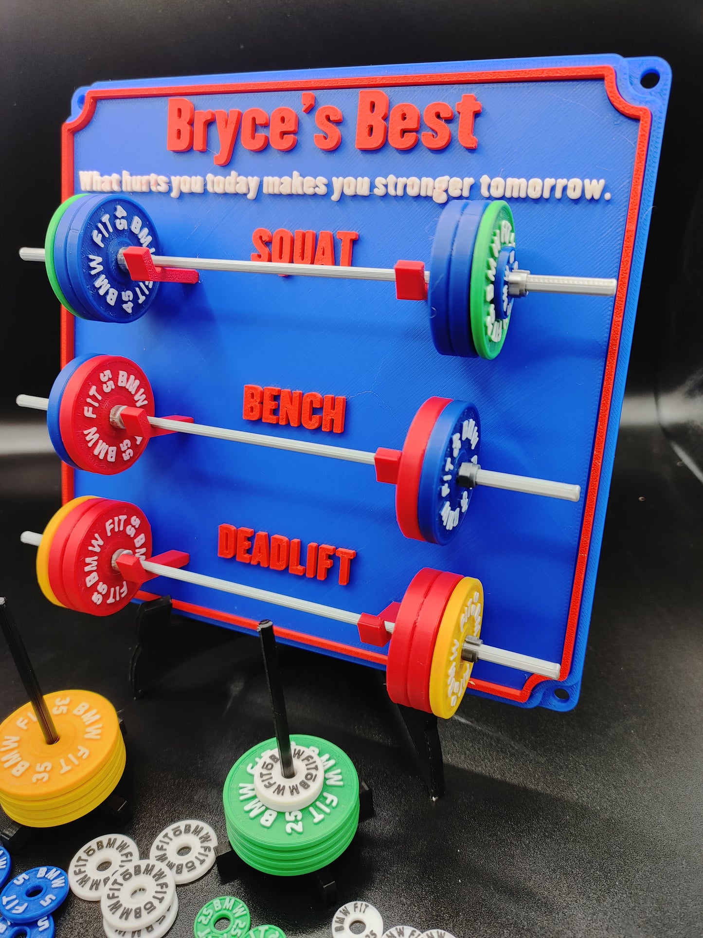 Weightlifting personal tracking board, 3 lifts, 1,000lbs or  470kg of weight, show off your work with miniature barbells for your home gym