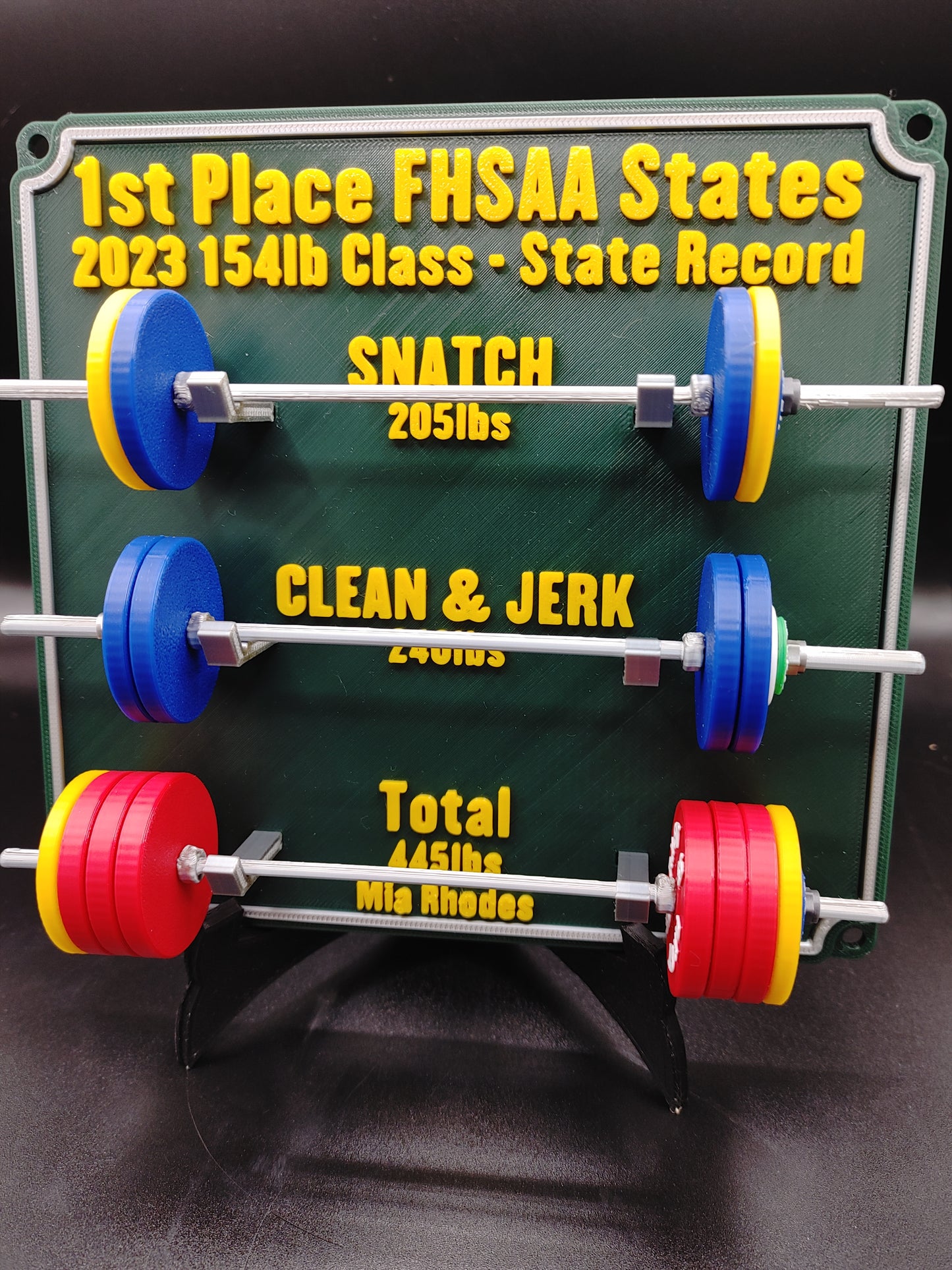 Weightlifting personal tracking board, 3 lifts, 1,000lbs or  470kg of weight, show off your work with miniature barbells for your home gym