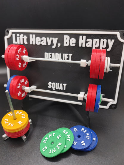 Weightlifting personal tracking board, 2 lifts, show off your work with miniature barbells for your home gym