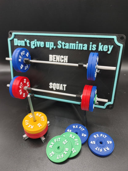 Weightlifting personal tracking board, 2 lifts, show off your work with miniature barbells for your home gym