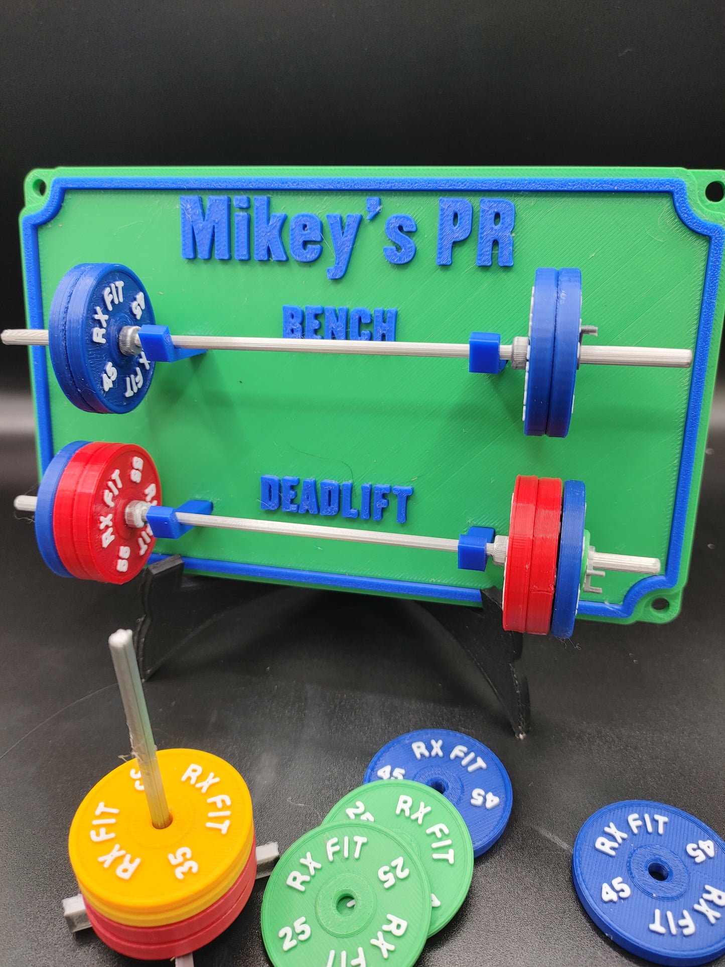 Weightlifting personal tracking board, 2 lifts, show off your work with miniature barbells for your home gym