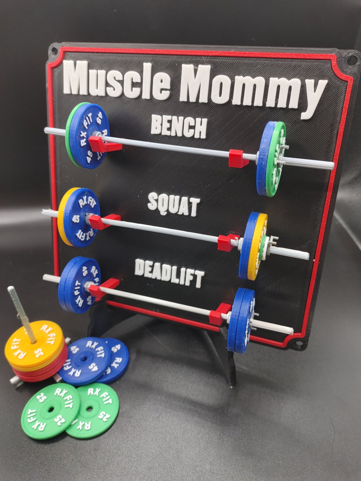 Weightlifting personal tracking board, 3 lifts, 1,000lbs or  470kg of weight, show off your work with miniature barbells for your home gym