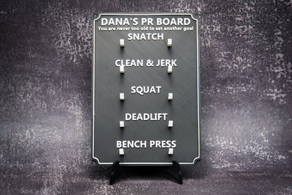 Weightlifting personal tracking board, 5 lifts, show off your work with miniature barbells for your home gym