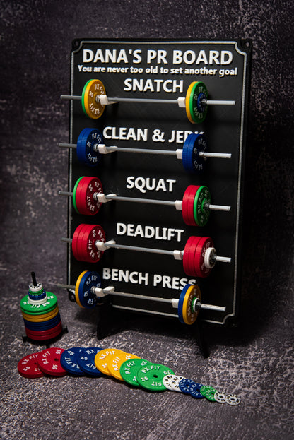 Weightlifting personal tracking board, 5 lifts, show off your work with miniature barbells for your home gym