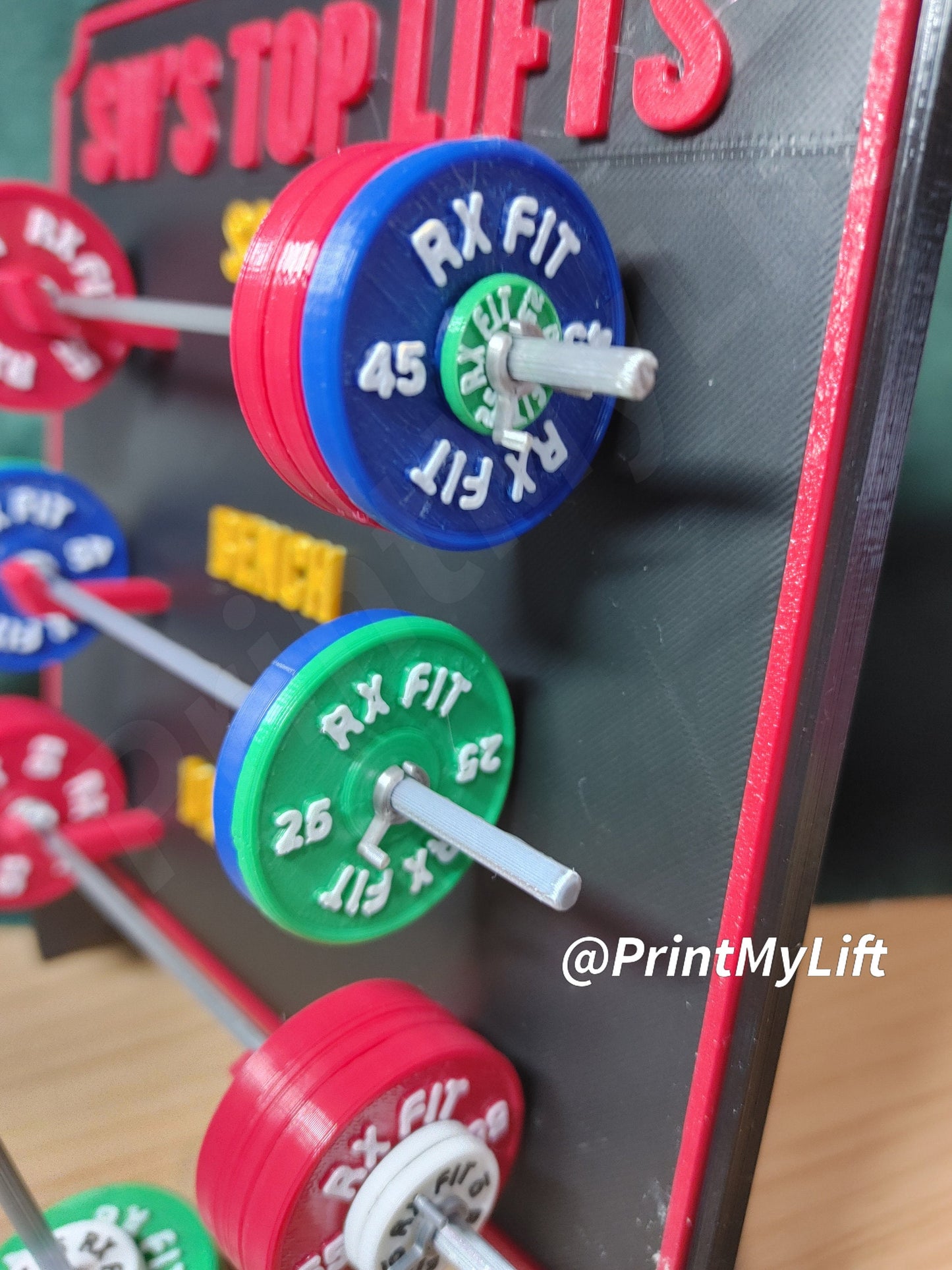 Weightlifting personal tracking board, 4 lifts, show off your work with miniature barbells for your home gym