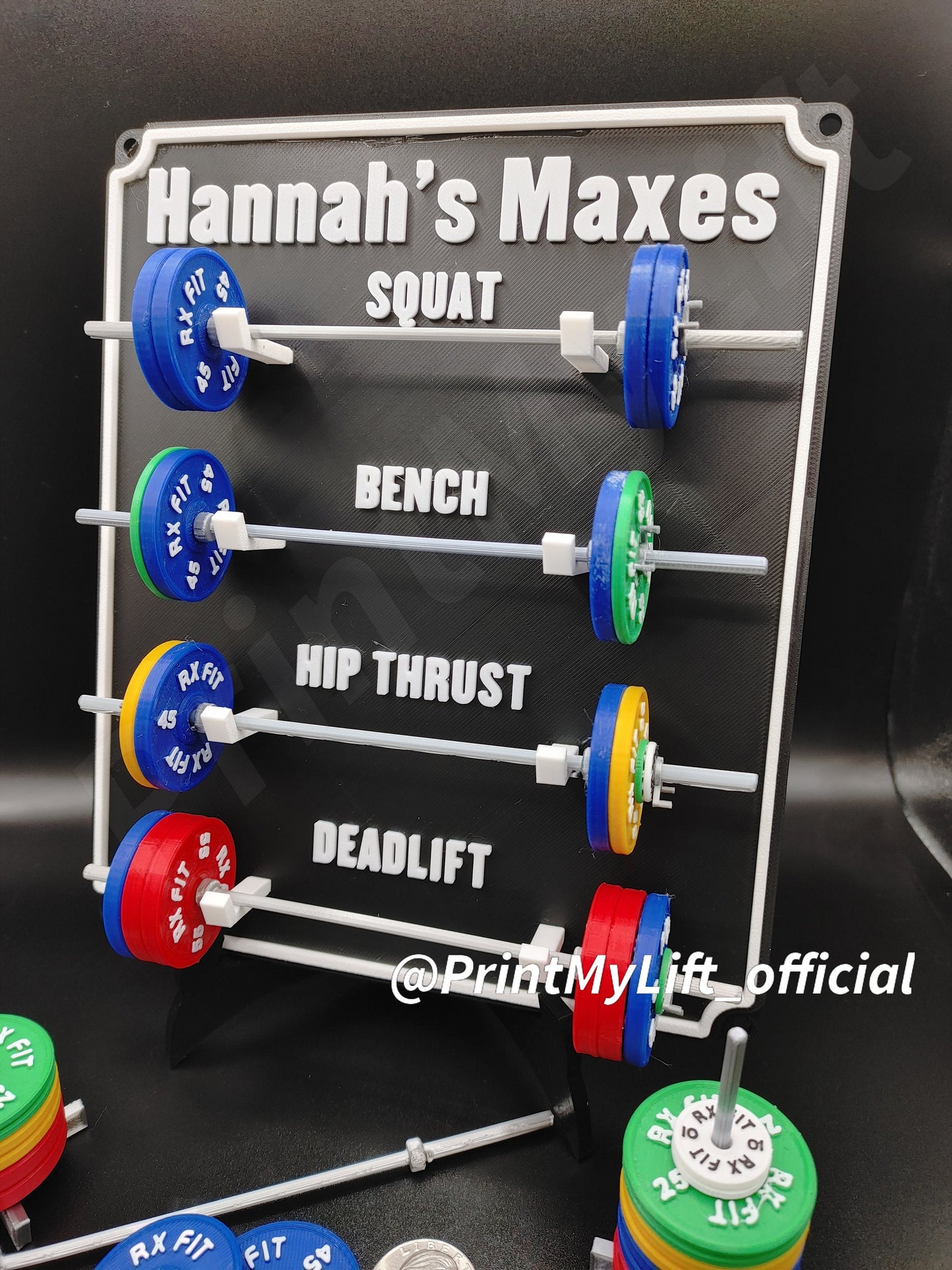 Weightlifting personal tracking board, 4 lifts, show off your work with miniature barbells for your home gym