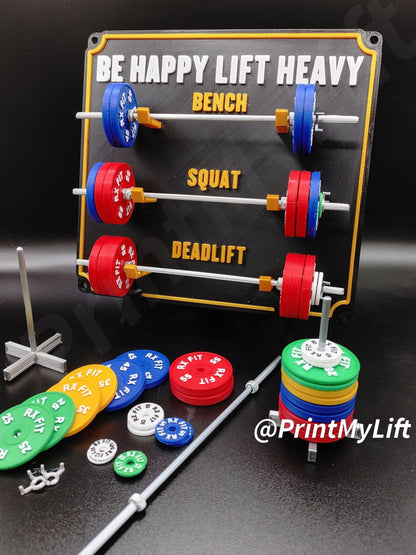 Weightlifting personal tracking board, 3 lifts, 1,000lbs or  470kg of weight, show off your work with miniature barbells for your home gym