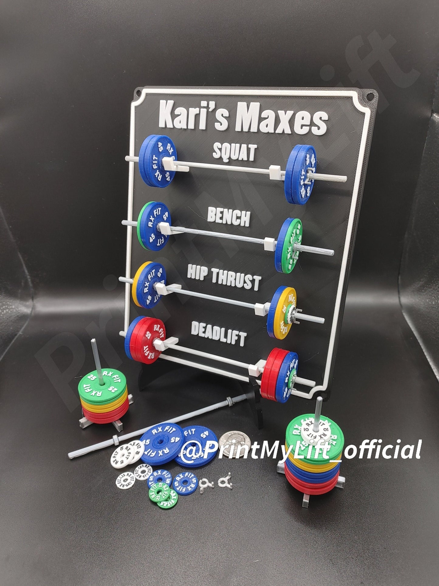 Weightlifting personal tracking board, 4 lifts, show off your work with miniature barbells for your home gym