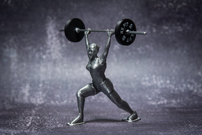 Split Jerk Woman, show off your lift, crossfit, Weightlifting, Powerlifting Statue and Barbell, Miniature Barbell weights for gym goers