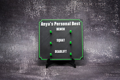 Weightlifting personal tracking board, 3 lifts, 1,000lbs or  470kg of weight, show off your work with miniature barbells for your home gym